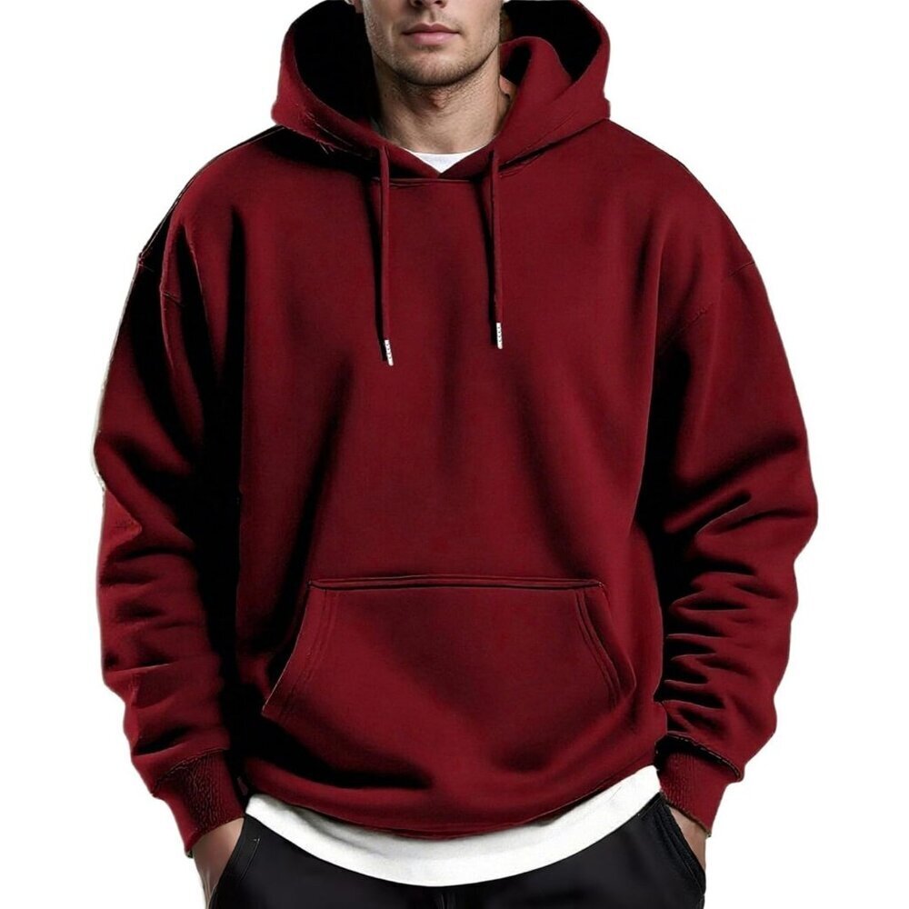 Coofandy Men Wine Red Pullover Fleece Hooded Sweatshirt with Kanga Pocket